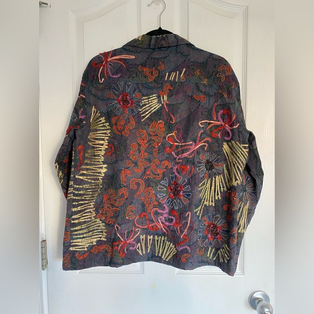CHICO'S Floral Soutache Crewel Embroidered Denim Jacket Size 2 Large Cotton - Picture 12 of 14
